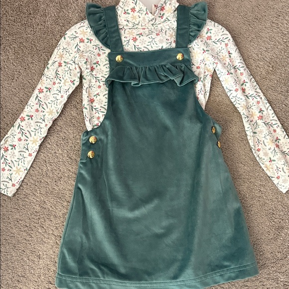 Green Velvet Pinafore Dress with Floral Top Girls Size 5 - Picture 2 of 5